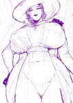  1girl alcina_dimitrescu black_hair breasts cameltoe covered_navel dress hand_on_hip hat highres large_breasts long_hair looking_at_viewer monochrome otochichi resident_evil resident_evil_village sketch smile solo standing 