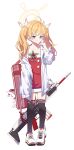  1girl absurdres ahoge alternate_costume assault_rifle battle_rifle black_thighhighs blonde_hair blue_archive blush brown_eyes christmas closed_mouth collared_shirt dress flat_chest fn_scar fn_scar_17 full_body gun hair_ribbon halo highres korean_commentary long_sleeves looking_at_viewer medium_hair mnnnya off_shoulder pink_bag red_dress ribbon rifle shirt shoes simple_background sneakers solo strapless strapless_dress sweat thighhighs tube_dress twintails weapon white_background white_footwear white_ribbon white_shirt yoshimi_(blue_archive) zettai_ryouiki 
