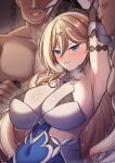  1girl 2boys armor armored_dress armpits arms_up bianka_durandal_ataegina bianka_durandal_ataegina_(bright_knight:_excelsis) blonde_hair blue_eyes blush breasts guardian-panda honkai_(series) honkai_impact_3rd large_breasts long_hair looking_at_viewer multiple_boys parted_lips restrained smile sweat very_long_hair 
