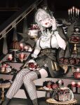  1girl bat_wings blood blood_from_mouth cake candle food hat highres jewelry lace-trimmed_legwear lace_trim looking_at_viewer megechan original red_eyes skullcap solo vampire victorian white_hair wings 