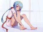  1girl barefoot blue_hair braid curtains feet full_body hair_ribbon hands_on_feet highres hugging_own_legs indoors kujira_no_kora_wa_sajou_ni_utau lykos_(kujira_no_kora) red_eyes red_ribbon ribbon sakukushite_tekiten shirt short_sleeves sitting skirt tan toes white_shirt white_skirt window 