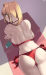  1girl absurdres ahoge ass back bangs bare_shoulders bikini blonde_hair blush breasts earrings fate/grand_order fate_(series) green_eyes hair_intakes highres jewelry kurozawa_yui large_breasts long_hair looking_at_viewer looking_back lotion lying nero_claudius_(fate) nero_claudius_(swimsuit_caster)_(fate) on_stomach red_bikini smile solo sunscreen swimsuit thighs twintails 