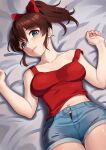  1girl bangs bed_sheet blue_eyes blue_shorts bow breasts brown_hair collarbone commentary denim denim_shorts hair_between_eyes hair_bow half-closed_eyes hands_up highres idolmaster idolmaster_million_live! kamille_(vcx68) light_blush long_hair looking_at_viewer lying medium_breasts navel on_bed open_pants pants ponytail red_bow red_shirt satake_minako shirt shorts sidelocks sideways_glance smile solo strap_slip tank_top thighs 
