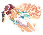  1990s_(style) 1girl bangs beach brown_eyes hand_to_head hood hoodie kai_tomohisa looking_away nanase_yuu non-web_source official_art one-piece_swimsuit open_clothes open_hoodie red_hair retro_artstyle sentimental_graffiti short_hair short_sleeves solo standing swimsuit thigh_gap water white_one-piece_swimsuit 