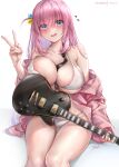  1girl areola_slip artist_name bangs bare_shoulders between_breasts bikini black_ribbon blue_eyes bocchi_the_rock! breasts collarbone commentary cube_hair_ornament electric_guitar english_commentary flying_sweatdrops front-tie_bikini_top front-tie_top gibson_les_paul gotou_hitori grey_background guitar hair_between_eyes hair_ornament hair_over_eyes halterneck hand_up highleg highleg_bikini highres holding holding_instrument instrument jacket large_breasts long_bangs long_hair looking_at_viewer neck_ribbon off_shoulder one_side_up open_clothes open_jacket open_mouth paid_reward_available patreon_username pink_hair pink_jacket raised_eyebrows rei_kun ribbon ribbon_between_breasts sidelocks signature sitting skindentation sleeves_past_wrists smile solo string_bikini swimsuit thighs two-tone_background undone_neck_ribbon v wavy_mouth white_background white_bikini 