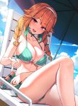  1girl :d beach_chair beach_umbrella bikini blue_sky braid breasts choker cloud day earrings feather_earrings feathers finger_gun green_bikini green_choker hairband highres holding holding_water_gun hololive hololive_english jewelry knee_up large_breasts lessthanone long_hair multicolored_hair open_mouth orange_hair outdoors pink_eyes pointing pointing_at_viewer sitting sky smile solo streaked_hair swimsuit takanashi_kiara thighs twin_braids umbrella virtual_youtuber water_gun white_hairband 
