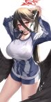  1girl absurdres adjusting_hair black_choker black_hair black_wings blue_archive breasts choker feathered_wings gym_shirt gym_shorts gym_uniform halo hasumi_(blue_archive) hasumi_(gym_uniform)_(blue_archive) high_ponytail highres huge_breasts jacket large_wings long_hair low_wings mole mole_under_eye mouth_hold official_alternate_costume partially_unzipped pdxen red_eyes shirt shorts track_jacket wings 