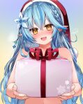  1girl :d blue_hair blush box commentary_request festa11307070 flower gift gift_box hair_flower hair_ornament hat hololive long_hair looking_at_viewer multicolored_hair pointy_ears santa_hat signature smile snowflake_print solo streaked_hair upper_body virtual_youtuber yellow_eyes yukihana_lamy 