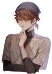  1boy artist_name bandaged_arm bandages bangs black_sweater brown_eyes brown_hair closed_mouth eucalypink genshin_impact grey_headwear grey_scarf grey_shirt hair_between_eyes hand_on_own_face hand_up head_scarf highres lips long_sleeves looking_to_the_side male_focus multicolored_hair niwa_(genshin_impact) ponytail red_hair scarf shirt short_hair short_ponytail short_sleeves solo sweater t-shirt teeth two-tone_hair upper_body 