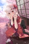  1girl bangs blush cherry_blossoms closed_mouth double_v hair_ornament hairpin hololive horns japanese_clothes kimono long_hair long_sleeves looking_at_viewer mujinbensin nakiri_ayame oni outdoors red_eyes sitting smile solo v virtual_youtuber white_hair wide_sleeves 