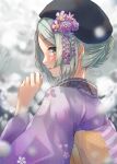  1girl aqua_eyes aqua_hair asa_no_ha_(pattern) asukaru_(magika_ru) bangs beret black_headwear blurry blurry_background blush dated floral_print flower from_behind grey_background hair_bun hair_ornament hand_up hat highres japanese_clothes kanzashi kimono lace-trimmed_kimono lace_trim long_sleeves looking_at_viewer magia_record:_mahou_shoujo_madoka_magica_gaiden mahou_shoujo_madoka_magica obi parted_bangs parted_lips print_kimono profile purple_flower purple_kimono sash sidelocks single_hair_bun smile solo toki_sunao upper_body yellow_sash 