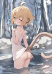  1girl andira_(granblue_fantasy) animal_ears ass blonde_hair commentary erune granblue_fantasy highres kimblee looking_at_viewer monkey_ears monkey_girl monkey_tail naked_towel onsen outdoors partially_submerged red_eyes short_hair snow solo symbol-only_commentary tail towel water wet wet_hair 