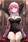  1girl arms_behind_back breasts cleavage covered_navel death-sensei_(mori_calliope) habit hololive hololive_english large_breasts long_hair looking_at_viewer mori_calliope mujinbensin navel nun pink_hair red_eyes straight_hair virtual_youtuber 