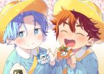  2boys ^_^ aged_down blue_eyes blue_hair child closed_eyes food food_on_face hasegawa_langa hat highres kindergarten_uniform kyan_reki male_child male_focus multiple_boys name_tag onigiri open_mouth orange_hair rice rice_on_face school_hat sk8_the_infinity smile upper_body uppi yellow_headwear 