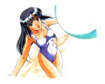  1990s_(style) 1girl armpits ayasaki_wakana ball bangs beach beachball black_hair breasts brown_eyes casual_one-piece_swimsuit cleavage collarbone cowboy_shot day dutch_angle from_above hair_between_eyes happy hip_focus kai_tomohisa long_hair looking_at_viewer looking_up medium_breasts non-web_source official_art one-piece_swimsuit open_mouth outdoors outstretched_arms painting_(medium) photoshop_(medium) retro_artstyle sentimental_graffiti shiny shiny_hair smile solo spread_arms standing straight_hair swimsuit thigh_gap traditional_media watercolor_(medium) white_one-piece_swimsuit 