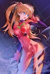  1girl absurdres arm_at_side arm_up bangs blue_eyes blush bodysuit breasts contrapposto cowboy_shot floating_hair gradient gradient_background hand_on_own_head headgear highres interface_headset long_hair looking_to_the_side neon_genesis_evangelion open_mouth orange_hair paint_splatter pilot_suit plugsuit red_bodysuit science_fiction seoji sidelocks small_breasts solo souryuu_asuka_langley teeth thighs two_side_up upper_teeth_only 