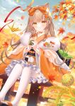  1girl :o animal_ear_fluff animal_ears autumn_leaves ball black_footwear blue_sky blush bow branch brown_hair choker cloud commentary_request cup day egasumi feet_out_of_frame food frilled_kimono frills hair_bow highres holding holding_cup japanese_clothes kimono leaf long_hair long_sleeves looking_at_viewer maple_leaf obi onigiri orange_bow orange_choker orange_eyes orange_kimono origami original outdoors parted_lips sash sitting sky solo temari_ball thighhighs very_long_hair wasabi_(sekai) wheat white_thighhighs wide_sleeves zouri 
