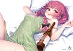  1girl alcohol bangs bare_shoulders black_bow blunt_bangs blush bocchi_the_rock! bottle bow braid breasts dress green_dress hair_bow hair_over_shoulder hiroi_kikuri hong_(white_spider) long_hair looking_at_viewer lying on_back open_mouth purple_eyes purple_hair sake_bottle sharp_teeth single_braid small_breasts smile solo teeth thighs wet wet_clothes 