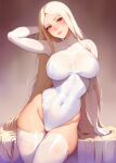  1girl ai-generated arm_up bangs blonde_hair blush bodysuit breasts closed_mouth collar commentary_request eyeai gradient gradient_background grey_eyes highres large_breasts lips long_hair md5_mismatch original parted_bangs sidelocks simple_background smile solo standing thighhighs white_bodysuit white_thighhighs 
