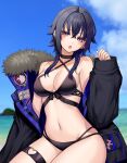  1girl :o absurdres bangs bare_shoulders beach bikini black_bikini black_choker black_hair black_jacket blue_sky choker cloud commentary_request criss-cross_halter day groin hair_between_eyes halterneck hand_up highres ichinose_uruha jacket kushinaka long_hair long_sleeves looking_at_viewer multi-strapped_bikini navel off_shoulder open_clothes open_jacket open_mouth outdoors purple_eyes sitting sky solo stomach swimsuit thigh_strap thighs vspo! 