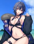  1girl :o absurdres bangs bare_shoulders beach bikini black_bikini black_choker black_hair black_jacket blue_sky choker cloud commentary_request criss-cross_halter day groin hair_between_eyes halterneck hand_up highres ichinose_uruha jacket kushinaka long_hair long_sleeves looking_at_viewer multi-strapped_bikini navel off_shoulder open_clothes open_jacket open_mouth outdoors purple_eyes sitting sky solo stomach swimsuit thigh_strap thighs vspo! 