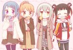  4girls alternate_costume anmitsu_(magenta) aran_sweater arm_at_side bangs belt black_belt black_gloves black_hair black_pantyhose blue_hair blue_pantyhose blue_shorts blue_sweater blunt_bangs blush bow box bracelet brown_coat brown_dress buttons cable_knit closed_eyes coat collared_shirt commentary_request covering_mouth cowboy_shot dot_nose drawstring dress gloves gradient_hair green_belt green_jacket green_skirt grey_hair grin hair_between_eyes hair_bow hair_rings hairband hand_up heart heart-shaped_box highres holding holding_box holding_hands hood hood_down hooded_jacket hoodie jacket jersey jewelry kasane_ao kirari_hikaru kureha_yuna long_hair long_sleeves looking_at_viewer magia_record:_mahou_shoujo_madoka_magica_gaiden mahou_shoujo_madoka_magica medium_hair medium_skirt miniskirt multicolored_hair multiple_girls official_alternate_costume ooba_juri orange_hair overskirt pantyhose pink_background pink_gemstone plaid plaid_background polka_dot polka_dot_skirt ponytail purple_eyes purple_pantyhose red_jacket ribbed_sweater ring see-through see-through_skirt shirt short_bangs shorts sidelocks skirt smile spiked_hair split_mouth standing sweater swept_bangs text_print turtleneck turtleneck_sweater twintails very_long_hair white_bow white_hairband white_hoodie white_shirt white_sweater yellow_eyes yellow_skirt zipper 