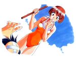  1990s_(style) 1boy 1girl brown_eyes brown_hair day grin holding holding_stick hoshino_asuka injury kai_tomohisa non-web_source official_art one-piece_swimsuit orange_one-piece_swimsuit outdoors photoshop_(medium) retro_artstyle sentimental_graffiti sky smile solo_focus standing stick sweatdrop swimsuit 