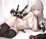  1girl bare_arms bare_shoulders bikini black_gloves black_shirt black_thighhighs breasts check_copyright cleavage copyright_request embarrassed fox_mask gloves grey_eyes grey_hair half_gloves half_updo halterneck highres holding holding_mask hukahire0120 katana large_breasts long_hair looking_at_viewer lying mask mask_removed mole mole_under_eye navel on_side open_mouth original sheath sheathed shirt shirt_removed side-tie_bikini_bottom sideboob skindentation solo stomach strap_gap string_bikini sweat swimsuit sword thighhighs thighs v-shaped_eyebrows weapon white_bikini 