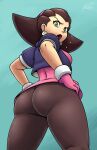  1girl absurdres ass ass_focus bangs blue_background breasts brown_hair collaboration commentary cropped_jacket dress earrings english_commentary from_behind gloves green_eyes hairband hands_on_hips highres jacket jewelry long_hair looking_at_viewer looking_back medium_breasts mega_man_(series) mega_man_legends open_mouth panties pink_dress puffy_short_sleeves puffy_sleeves revtilian short_dress short_sleeves simple_background skin_tight solo soubriquetrouge teeth the_misadventures_of_tron_bonne tron_bonne_(mega_man) underwear upper_teeth_only 