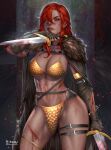  1girl armor bikini_armor blood cuts dagger dual_wielding hibren holding holding_dagger holding_knife holding_weapon injury knife long_hair red_hair red_sonja red_sonja_(comics) watermark weapon 