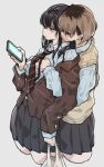  2girls absurdres black_hair breast_grab breast_hold breasts brown_hair cellphone earrings grabbing grabbing_from_behind highres holding holding_phone jacket jewelry long_hair m_k multiple_girls necktie open_clothes open_jacket original phone pleated_skirt short_hair skirt smartphone yuri 