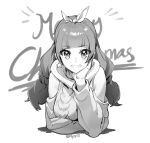  1girl amanogawa_kirara bangs blunt_bangs commentary earrings go!_princess_precure grin hand_on_own_chin highres jewelry long_hair low_twintails merry_christmas monochrome olys precure smile solo star_(symbol) star_earrings sweater symbol-only_commentary twintails 