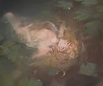  1girl afloat blonde_hair character_request chunkyeggy closed_eyes commentary completely_nude copyright_request english_commentary floating_hair from_above highres lily_pad medium_hair nude partially_submerged solo water 