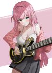  1girl absurdres bare_shoulders black_skirt blue_eyes bocchi_the_rock! bra breasts cleavage closed_mouth cowboy_shot electric_guitar fakey gotou_hitori guitar highres holding instrument jacket large_breasts long_hair long_sleeves looking_at_viewer off_shoulder one_side_up open_clothes open_jacket pink_hair pink_jacket pleated_skirt skirt solo spaghetti_strap string_bra underwear very_long_hair white_bra 