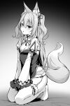  1girl animal_ear_fluff animal_ears bangs bed_sheet blush breasts cleavage commentary_request fox_ears fox_girl fox_tail frilled_sleeves frills full_body garter_belt gradient gradient_background grey_background greyscale hair_between_eyes highres juliet_sleeves long_hair long_sleeves looking_at_viewer medium_breasts monochrome no_shoes original panties parted_lips puffy_sleeves sleeves_past_wrists solo tail thighhighs two_side_up underwear very_long_hair white_background yuzu_modoki 