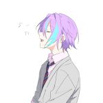  1boy aqua_hair bangs cardigan closed_eyes collared_shirt grey_cardigan hk_(wgyz7222) kamishiro_rui kamiyama_high_school_uniform_(project_sekai) multicolored_hair music necktie open_mouth project_sekai purple_hair school_uniform shirt short_hair singing solo streaked_hair striped_necktie white_background 