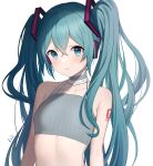  1girl absurdres aqua_hair armpit_crease bare_shoulders blue_eyes breasts collarbone commentary crop_top grey_choker grey_shirt hair_ornament halterneck hatsune_miku highres kiz_mk long_hair looking_at_viewer midriff ribbed_shirt shirt shoulder_tattoo sleeveless sleeveless_shirt small_breasts smile solo tattoo twintails upper_body vocaloid 
