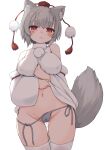  1girl :3 animal_ears bangs bluekalmia cameltoe closed_mouth commentary_request cowboy_shot grey_hair grey_panties groin hat inubashiri_momiji looking_at_viewer navel panties pom_pom_(clothes) pussy_juice red_eyes red_headwear short_hair solo standing tail thighhighs tokin_hat touhou underwear white_thighhighs wolf_ears wolf_girl wolf_tail 