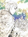  1boy bangs bouquet cape chrono_cross closed_mouth commentary_request dario_(chrono_cross) dated expressionless flower gloves greyscale_with_colored_background holding holding_bouquet male_focus shirt short_hair signature solo tokio_(okt0w0) upper_body 