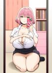  1girl akane_(sky-freedom) bangs black_skirt black_socks blurry blurry_background bob_cut bookshelf bottomless bra breasts brown_bra cellphone cleavage closed_mouth collarbone collared_shirt curtains dot_nose fingernails highres holding holding_phone huge_breasts indoors joshi_kousei_rich_thots lap light_blush lips long_fingernails looking_at_phone mirror nail_polish no_panties orange_curtains original partially_unbuttoned phone pink_eyes pink_hair pink_nails reflection seiza selfie shirt short_sleeves sitting skirt sky-freedom smartphone smile socks solo thighs unbuttoned unbuttoned_shirt underwear white_shirt 