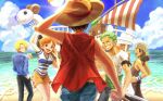  1girl 4boys :d arm_up black_hair black_pants blonde_hair blue_pants blue_shirt blue_sky brown_hair cigarette closed_mouth cloud day earrings going_merry green_hair grin hair_over_one_eye highres jewelry miniskirt monkey_d._luffy multiple_boys nami_(one_piece) ocean oekakiboya one_piece open_mouth pants pencil_skirt red_vest roronoa_zoro sanji_(one_piece) shirt short_hair short_sleeves skirt sky smile striped striped_shirt usopp vertical-striped_shirt vertical_stripes vest white_shirt yellow_skirt 