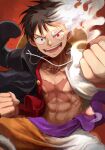  1boy :d absurdres black_eyes black_hair brown_shorts collarbone gear_fifth hat hat_on_back highres looking_at_viewer male_focus monkey_d._luffy multicolored_clothes multicolored_hair multicolored_shorts oekakiboya one_piece open_clothes open_mouth open_vest red_eyes red_vest scar scar_on_cheek scar_on_face shorts smile solo spoilers stance straw_hat sun_hat transformation two-tone_hair v-shaped_eyebrows vest white_hair white_shorts 