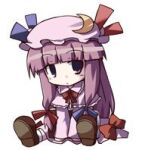  1girl bangs blue_bow blue_ribbon blunt_bangs bow brown_footwear capelet chibi commentary_request crescent crescent_hat_ornament dorua_(dollar) dress hair_bow hat hat_ornament hat_ribbon long_sleeves looking_at_viewer lowres mob_cap patchouli_knowledge pink_capelet pink_dress pink_headwear purple_eyes purple_hair red_bow red_ribbon ribbon simple_background sitting solo touhou white_background 