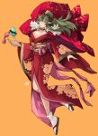  1girl absurdres alternate_costume bangs breasts cleavage english_commentary fire_emblem fire_emblem_awakening full_body green_eyes green_hair hair_ornament highres japanese_clothes jewelry kimono large_breasts long_hair looking_at_viewer pointy_ears ponytail ribbon sakuremi sandals smile solo tiara tiki_(adult)_(fire_emblem) tiki_(fire_emblem) zouri 