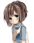  1girl arle_nadja blush breasts brown_hair closed_mouth green_eyes looking_at_viewer madou_monogatari ponytail puyopuyo reimin short_hair short_sleeves simple_background small_breasts solo white_background 