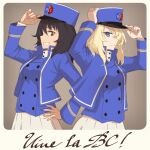  2girls absurdres adjusting_clothes adjusting_headwear andou_(girls_und_panzer) back-to-back bangs bc_freedom_(emblem) bc_freedom_military_uniform blonde_hair blue_eyes blue_headwear blue_jacket blue_vest closed_mouth commentary cursive dress_shirt emblem french_commentary french_text frown girls_und_panzer grin hand_on_hip hat high_collar highres jacket kepi long_sleeves looking_at_viewer medium_hair messy_hair military military_hat military_uniform multiple_girls oritako oshida_(girls_und_panzer) pleated_skirt rounded_corners shirt skirt smile standing translated uniform vest white_shirt white_skirt 
