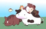  2girls animal_ears bangs beak bird blunt_bangs blush_stickers braid brown_hair chibi closed_eyes commentary cow creature_and_personification ear_covers eating french_braid gomashio_(goma_feet) grazing_(livestock) hair_ornament horse_ears horse_girl horse_tail motion_lines multicolored_hair multiple_girls on_grass orange_hair outdoors real_life riding short_hair silence_suzuka_(umamusume) sparrow special_week_(racehorse) special_week_(umamusume) tail two-tone_hair umamusume white_hair 