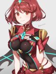  1girl bangs blush breasts chest_jewel earrings fingerless_gloves gloves highres jewelry large_breasts looking_at_viewer peach11_01 pyra_(xenoblade) red_eyes red_hair short_hair short_shorts shorts skindentation smile solo swept_bangs tiara xenoblade_chronicles_(series) xenoblade_chronicles_2 