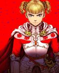  1girl armor bangs berserk blonde_hair blunt_bangs braid cape closed_mouth farnese_(berserk) gauntlets highres looking_at_viewer nisino2222 red_background serious sheath sheathed short_twintails side_braid solo sword twintails unfinished weapon 