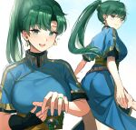  1girl ass bangs blue_dress blush breasts dress earrings fire_emblem fire_emblem:_the_blazing_blade fire_emblem_engage green_eyes green_hair high_ponytail highres holding_hands jewelry large_breasts long_hair looking_at_viewer looking_back lyn_(fire_emblem) multiple_views open_mouth ormille pelvic_curtain ponytail ring rope_belt short_sleeves side_slit smile thighs 